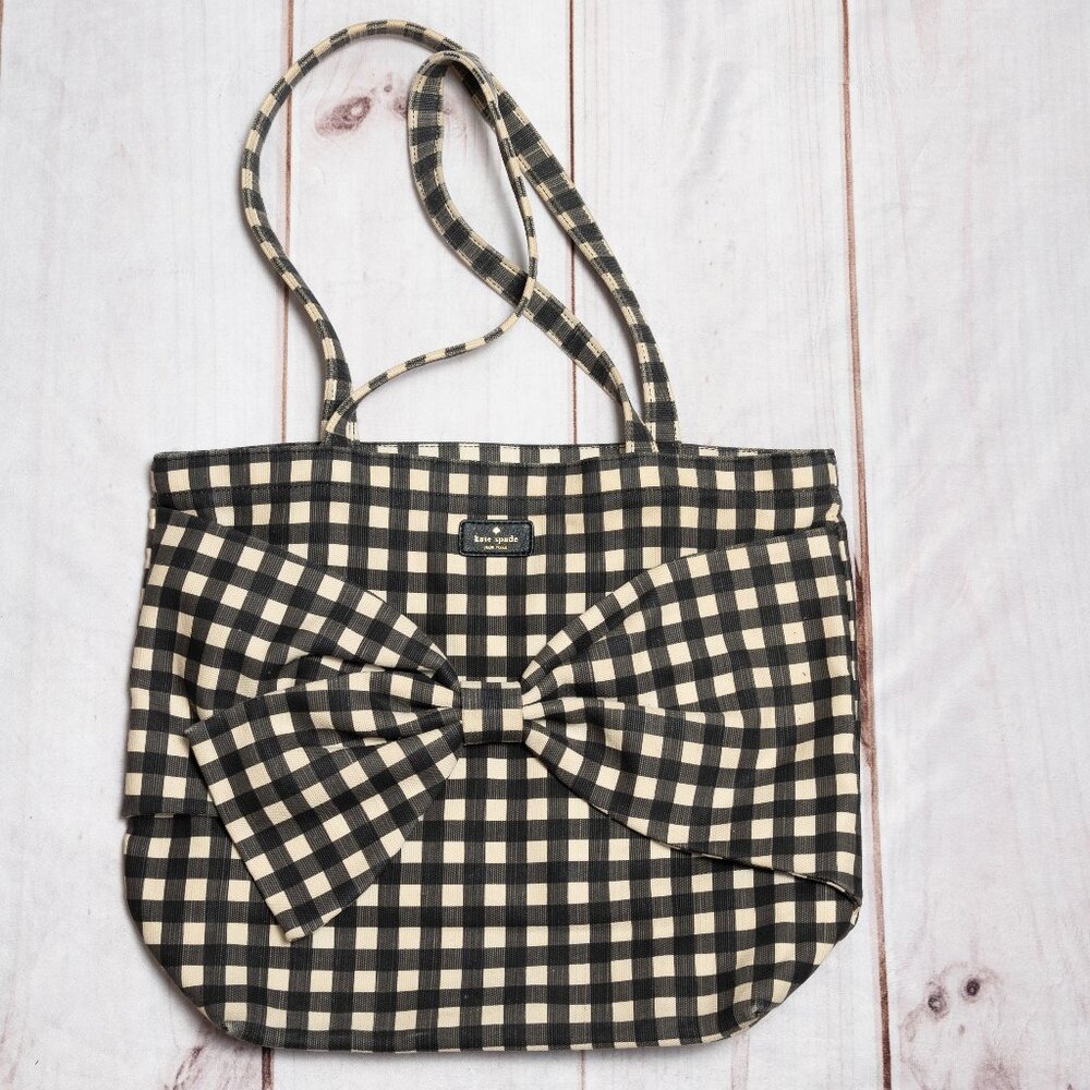 Kate Spade - Black & White Gingham Print Canvas Tote W/ Bow